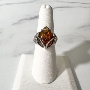 16x12 Pear Shaped Amber Cabochon Ring in .925 Sterling Silver